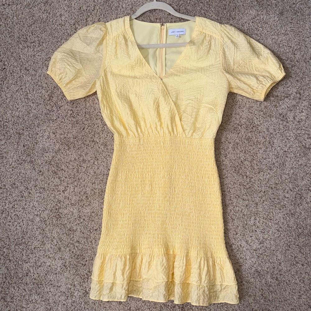 Lost + Wander Yellow Smocked Mini Dress, XS